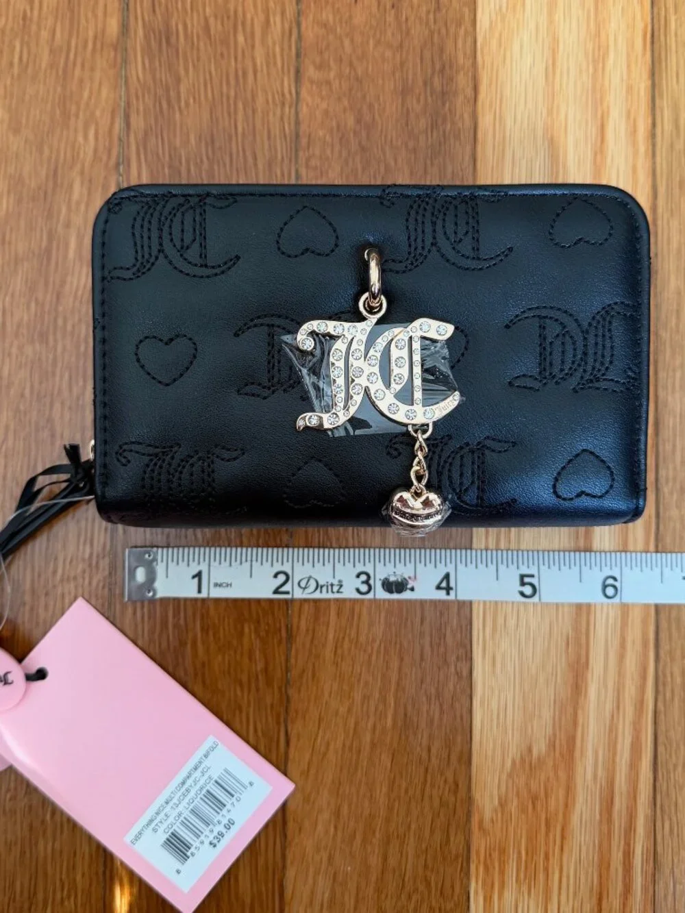 Juicy Couture Black Embossed Wallet Rhinestone JC Charm NWT